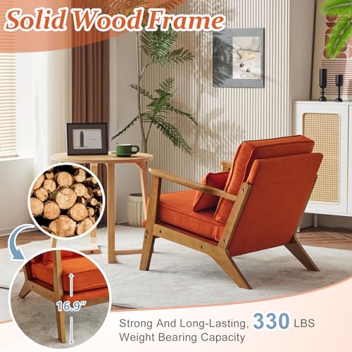 Solid Wood Wide Armrests Accent Chair,Upholstered Mid Century Modern Chair with Pillow,Comfy Reading Chair Farmhouse Arm Chair,Chairs Living Room,Bedroom,Guest Room,Linen Fabric,Burnt Orange