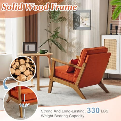 Solid Wood Wide Armrests Accent Chair,Upholstered Mid Century Modern Chair with Pillow,Comfy Reading Chair Farmhouse Arm Chair,Chairs Living Room,Bedroom,Guest Room,Linen Fabric,Burnt Orange