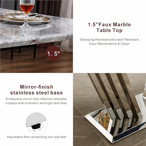 Marble Dining Table for 6 People, 70'' Rectangle Faux Marble Dining Table with Mirrored Stainless Steel Base, Large Size Marble Kitchen Table (Silver,Grey)(only Table)
