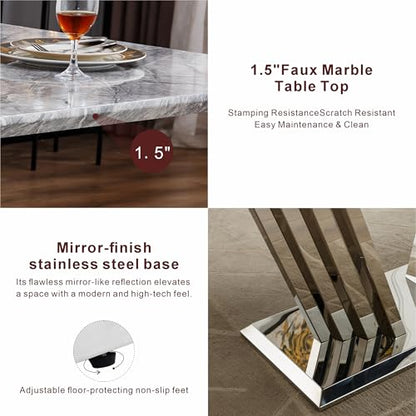 Marble Dining Table for 6 People, 70'' Rectangle Faux Marble Dining Table with Mirrored Stainless Steel Base, Large Size Marble Kitchen Table (Silver,Grey)(only Table)