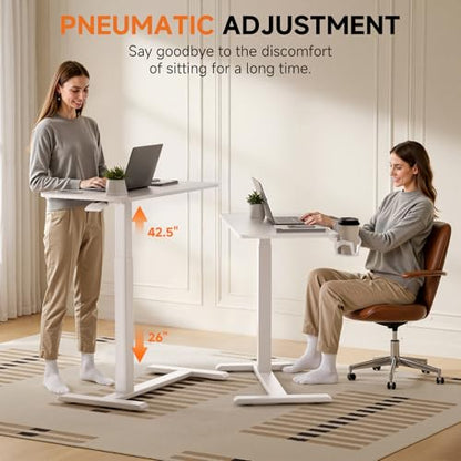 Small Standing Desk with Hidden Wheels, Pneumatic Mobile Rolling Laptop Desk, Adjustable Height Overbed Bedside Table Computer Workstation for Home Office (32" W x 16" D, White)