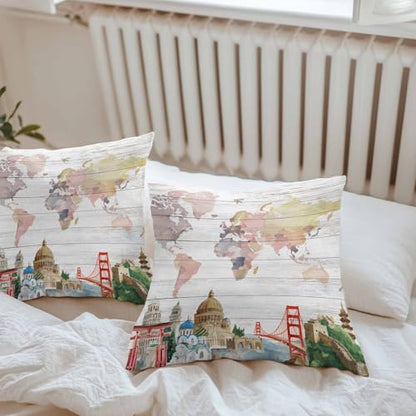 World Map Waterproof Outdoor Pillow Covers Set of 2 Home Decor, Famous Building Tourism Bridge Wood Grain Pillowcase Patio Pillow Covers for Couch Bench Patio Furniture Garden 24x24in
