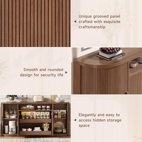 63" Sideboard Buffet Cabinet with Storage, Modern Fluted Credenza, Walnut, view 5