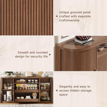 63" Sideboard Buffet Cabinet with Storage, Modern Fluted Credenza, Walnut, view 5