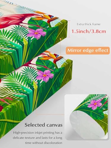 NuYeBiofx Summer Flamingo Flower Leaf Canvas Wall Art Prints,48"x32" Framed Picture Artwork Tropical Leaves Flower Wood Plank Printed Canvas Oil Painting for Living Room Bedroom Office,Ready to Hang