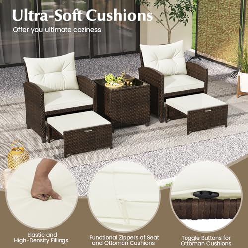 5 Pieces Patio Conversation Set, PE Wicker Outdoor Furniture Set with 2 Chairs, 2 Ottomans & Tempered Glass Coffee Table, Ideal for Poolside, Backyard, Lawn, Deck, Mix Brown & Off White