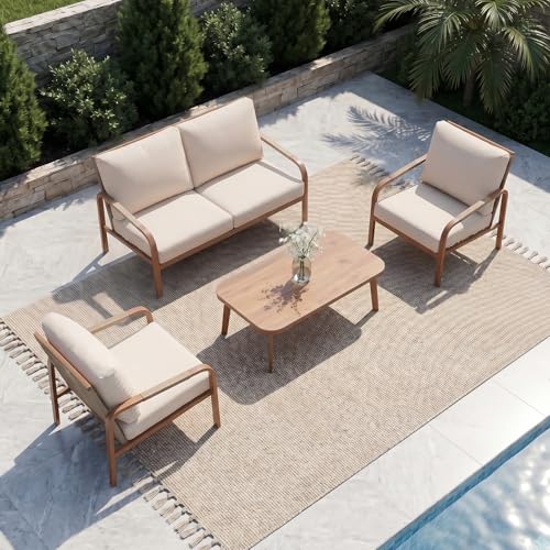 Aluminum Outdoor Patio Furniture Set,4-Piece Sectional Sofa with Coffee Table,Washable Thick Cushions,Modern Patio Conversation Set for Backyard,Garden,Porch,Balcony,Deck,Beige