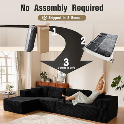 140” Oversized No Assembly Compression Boneless Cloud Sectional Couches for Living Room, L-Shape Comfy Fluffy Sleeper Sofa Bed, Modular Corduroy Reclining Memory Foam Furniture for Bedroom Home Black