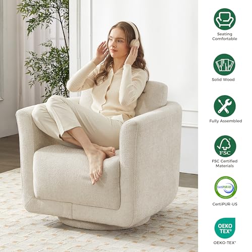 Swivel Accent Chair, 360° Barrel Chair with Solid Wood Frame & Removable Ergonomic Support Back Cushion, Fully Assembled Chenille Armchair for Living Room & Bedroom, Linen