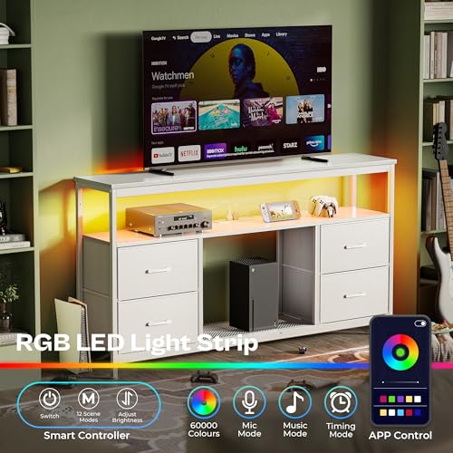TV Stand Dresser with Power Outlets and LED Lights, 4 Drawers Entertainment Center with Shelves, 54 Inch Media Console for 55 60 Inch TV, 4 AC Outlets, 2 USBs, Dresser with PU Finish, White