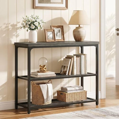 32" Small Console Table with 3-Tier Storage, Industrial Narrow Entryway Table, Sofa Table Behind Couch for Hallway, Foyer & Living Room, Sturdy Metal Frame, Oak Grey