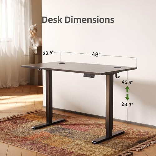 Electric Standing Desk, Adjustable Height Stand up Desks, 48 x 24 Inches Sit Stand up Desk for Home Office Computing, 3-Preset Memory Height Ergonomic Rising Desks, Black