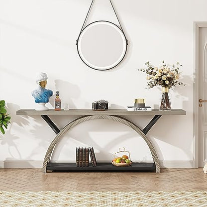 Tribesigns 70.87" Console Table with Storage Shelf, Narrow Long Sofa Table Behind Couch Table, 2-Tier Rustic Entryway Table with Half Moon Frame for Hallway Living Room, Gray & Black (Gray & Black)
