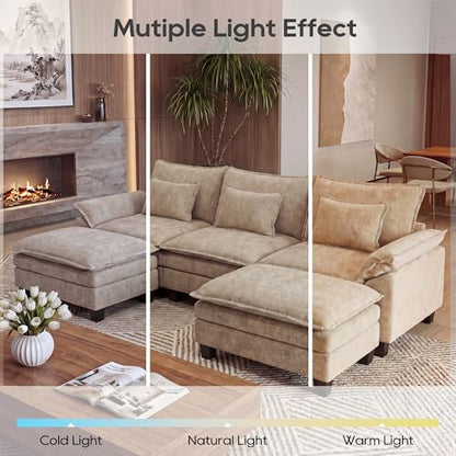 Oversized Modular Sectional Sofa，Khaki：122" U Shaped | Modern Comfy Cloud Couch with Movable Ottoman and Pillow, Deep Seat Couches for Living Room, Bedroom or Apartment