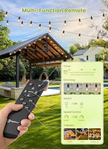 58FT Solar String Lights Outdoor with Remote Cable Ties Hooks, 26 LED Shatterproof Bulbs, 3 Light Modes, Dimmer & Timer, Commercial Grade Patio Lights for Yard Balcony Pergola Party Decor