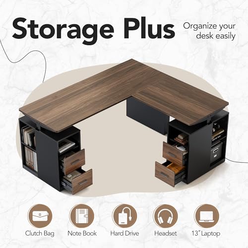 63 Inch L Shaped Standing Desk, Electric Executive Height Adjustable Desk with Storage Drawers, Reversible Design Computer Workstation for Home Office, Black Walnut