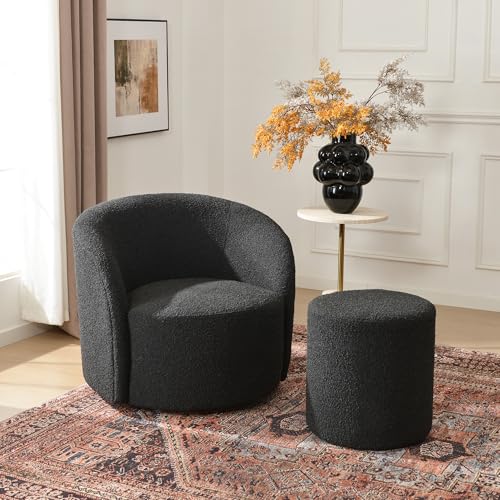 Black Sherpa Accent Chair and Round Footrest Set, view 2