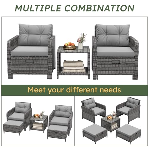 Balcony Furniture Set 5 Piece Patio Conversation Set, PE Wicker Outside Furniture with Soft Cushions & Coffee Table, Outdoor Lounge Chairs with Ottoman for Porch, Lawn, Balcony, Grey-Grey