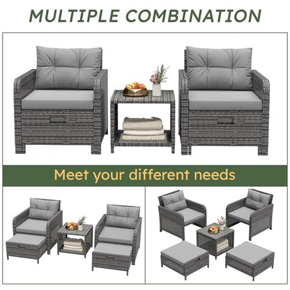 Balcony Furniture Set 5 Piece Patio Conversation Set, PE Wicker Outside Furniture with Soft Cushions & Coffee Table, Outdoor Lounge Chairs with Ottoman for Porch, Lawn, Balcony, Mix-Grey