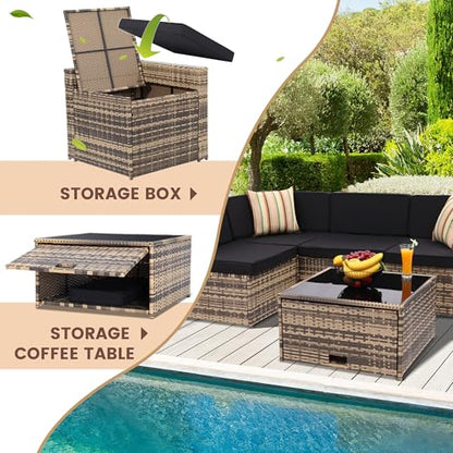 8 Piece Patio Furniture Set, Outdoor Modular Conversation Set, Black | UV Treated Wickers, Machine Washable Cushions, Seats 6, 2 Hidden Storage Compartments, Rustproof Frame, Waterproof