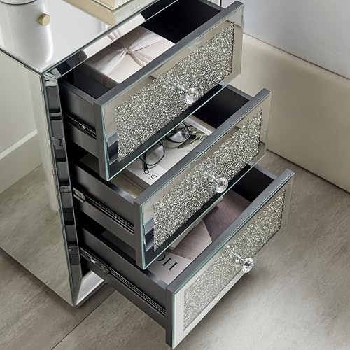 Stella Crushed Diamon Mirrored Crystal Bedside Table Bedside Cabinet Modern Stylish 3 Drawer Bedroom Storage Bedroom Furniture