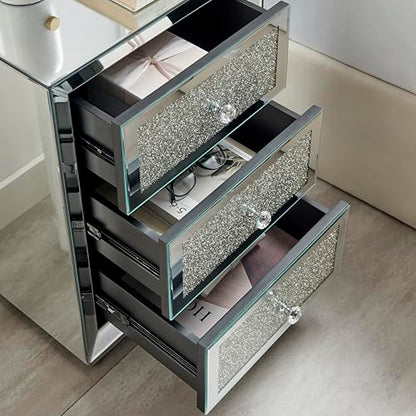 Stella Crushed Diamon Mirrored Crystal Bedside Table Bedside Cabinet Modern Stylish 3 Drawer Bedroom Storage Bedroom Furniture