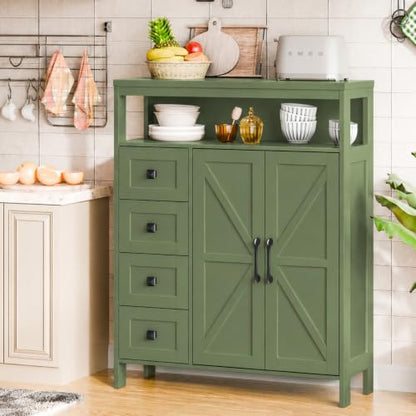 Farmhouse Storage Cabinet with 2 Doors and 4 Drawers, Green, view 7