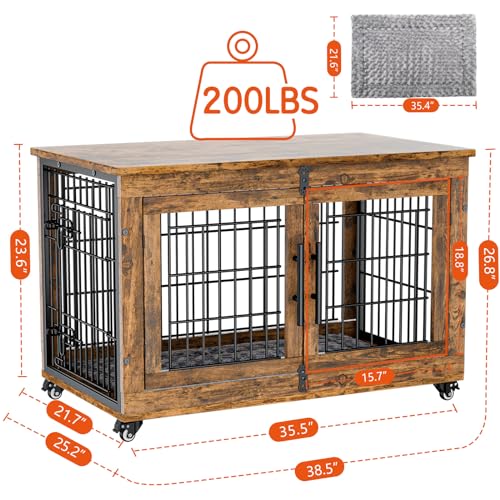Large Dog Crate Furniture, 38'' Heavy Duty Wood Kennel w/Cushion & Wheels, view 4