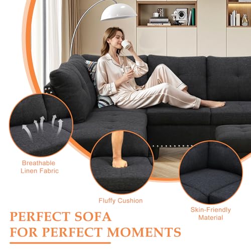 Sectional Sofa Couch, Modern 4-Seaters Living Room Furniture Sets with Chaise Lounge, Ottoman & 2 Pillows | L Shape Couch | Cup Holder | Linen Fabric, Charcoal Gray