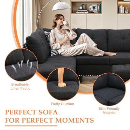 Sectional Sofa Couch, Modern 4-Seaters Living Room Furniture Sets with Chaise Lounge, Ottoman & 2 Pillows | L Shape Couch | Cup Holder | Linen Fabric, Charcoal Gray