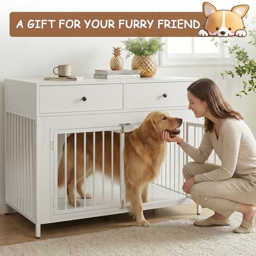 Large Dog Crate Furniture with 2 Drawers, 44 Inch Wooden Dog Kennel Indoor, view 5