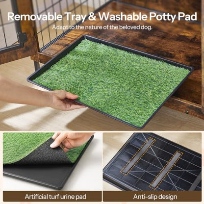 Dog Crate Furniture, 31.5" Dog Kennel with Dog Grass Pad and Tray, view 4