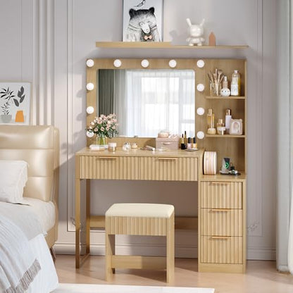 Fluted Makeup Vanity Desk with Mirror & Lights & Power Outlet, view 8