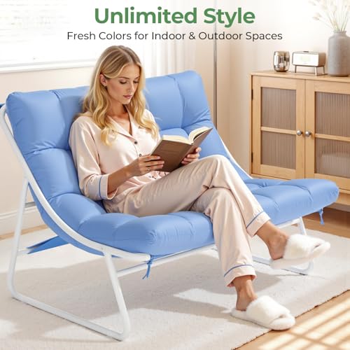 Patio Furniture Set, 4-Piece Outdoor Patio Conversation Set, 2-in-1 Metal Patio Sofa Sets with Cushions & Glass Coffee Tablefor Backyard, Garden, Porch, Poolside, White & Blue