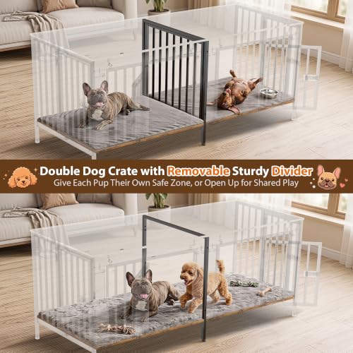 55" Wooden Double Dog Crate Furniture, Removable Divider, Brown, view 4