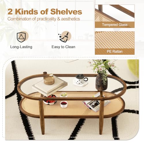 Rattan Coffee Table, 2-Tier Oval Acacia Wood Tea Table w/Tempered Glass Tabletop & PE Rattan Storage Shelf, Boho Cocktail Tables, Mid Century Modern Center Table for Living Room Office, Brown