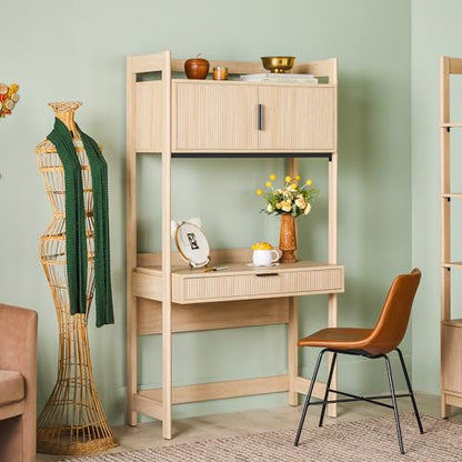 Modern Transitional Interior Design Reeded Desk with Hutch and Drawers, Built-in Tech, Desk with Cord Management, Storage for Small Living Spaces, 38”W x 19”D x 70”H, Coastal Oak