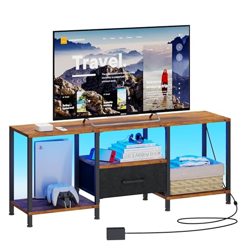 TV Stand with LED Lights, Entertainment Center with Open Shelves and Fabric Drawer, Media Console for 55 Inch TV, Television Stands, Living Room Furniture, Bedroom, Rustic Brown