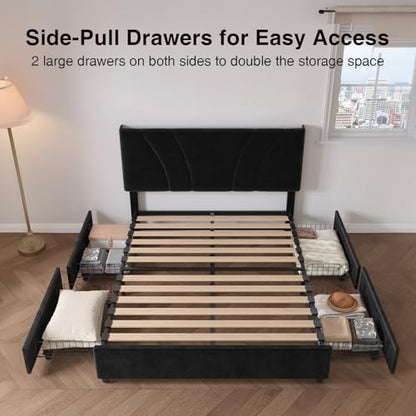 Queen Bed Frame with Drawers/Charging Station/LED Light, Black, view 4