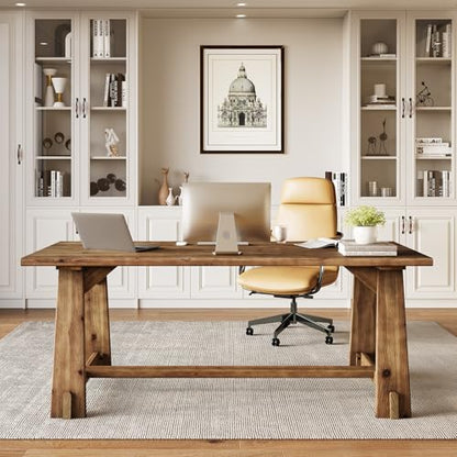 63" Solid Wood Office Desk, Farmhouse Executive Computer Desk, Large Work Writing Table, Rustic Brown Home Office Workstaticon, Business Furniture