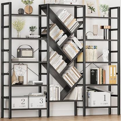 70x70” Triple 5 Tier Book Shelf, Large Wooden Bookcase with 17 Open Display Shelf, Modern Tree Bookshelf Metal Frame Tall Book Case Furniture for Living Room Bedroom Home Office Black