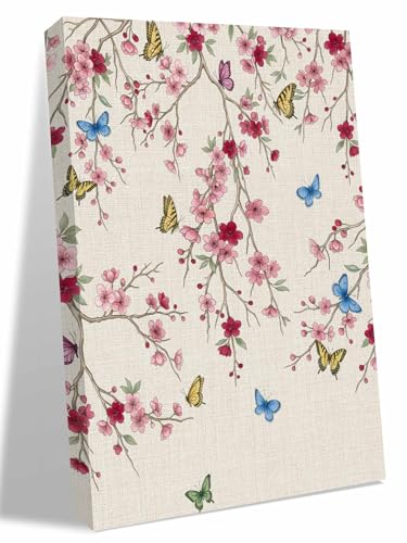 Summer Pink Flower Leaf Linen Texture Canvas Wall Art Prints,48"x32" Framed Picture Artwork Pastoral Floral Butterfly Printed Canvas Oil Painting for Living Room Bedroom Office,Ready to Hang