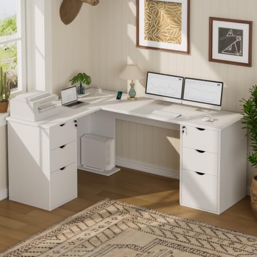 66" L Shaped Desk with 6 Lockable Drawers, White Corner Executive Desk, view 5