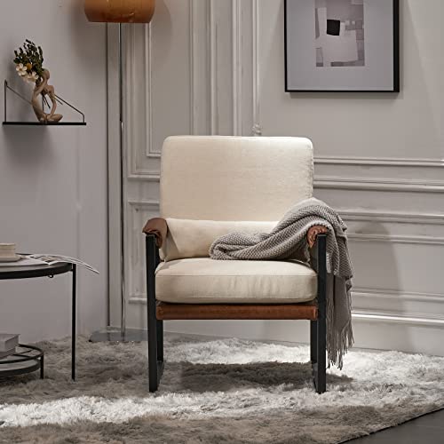 Mid-Century Accent Chair, Padded Arms, Beige | Metal Frame, Linen Fabric, Thick Cushions, Lumbar Pillow Included, Lounge Chair for Living Room, Bedroom, Balcony, Study