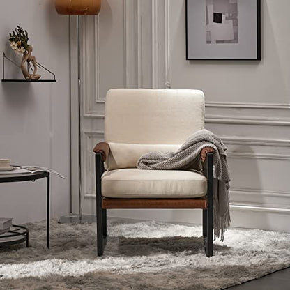 Mid-Century Accent Chair, Padded Arms, Beige | Metal Frame, Linen Fabric, Thick Cushions, Lumbar Pillow Included, Lounge Chair for Living Room, Bedroom, Balcony, Study