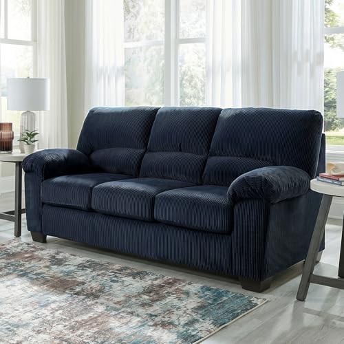 Signature Design by Ashley SimpleJoy Sofa, 83" Navy Blue Contemporary 3-Seater Couch, Soft Polyester Corduroy Fabric with Anti-Sag Platform Foundation, Living Room Furniture