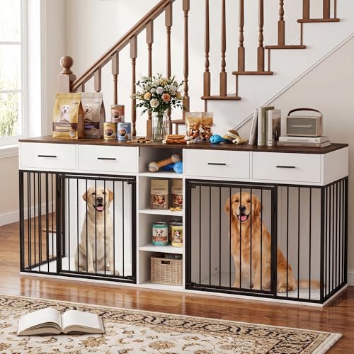 82 Inch Double Dog Crate Furniture for 2 Medium/Large Dogs, White, view 2