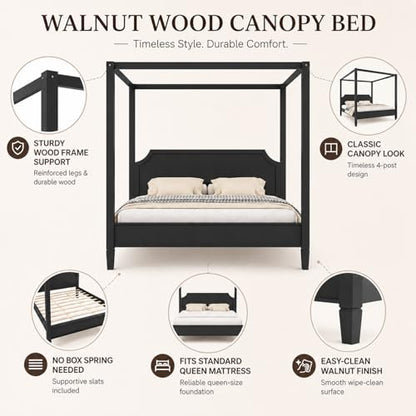 Queen Wooden Canopy Platform Bed Frame with Headboard, view 6
