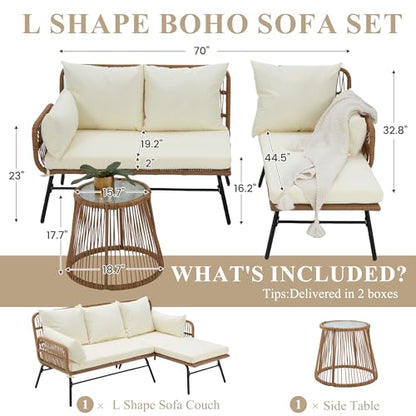 3-Piece Outdoor Patio Furniture Set, L-Shaped Rattan Sectional Sofa with Thick Cushions, Glass Coffee Table – All-Weather Conversation Set for Backyard, Porch, Poolside
