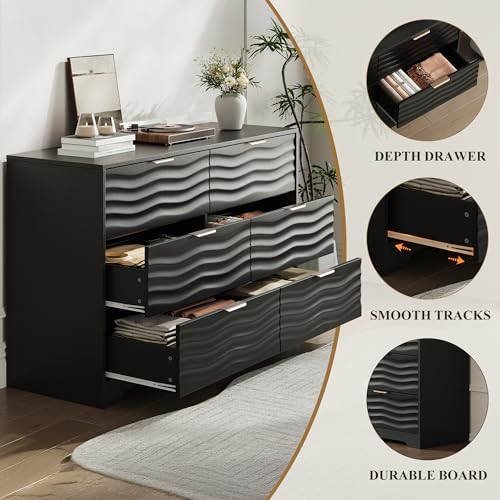 55" Wide Coastline Fluted 6 Drawers Dresser for Bedroom,Black, view 4